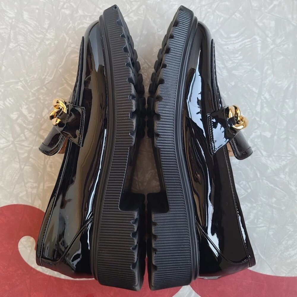 Atalina Womens Size 9W Wide Black Faux Leather Gold Chain Shoes Loafers Slip On - Picture 5 of 9